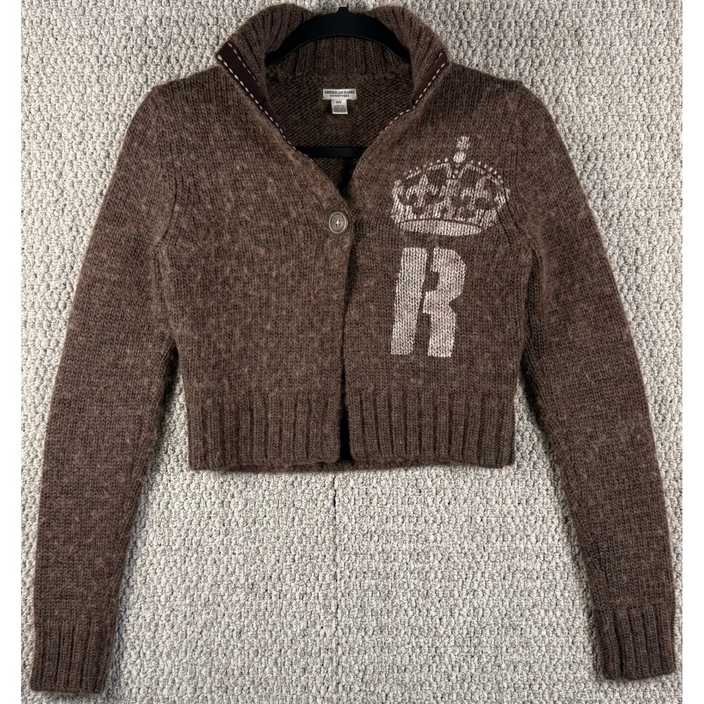 American Eagle VTG Y2K Royals Corgi Sweater Womens M Cropped Cardigan Brown Wool